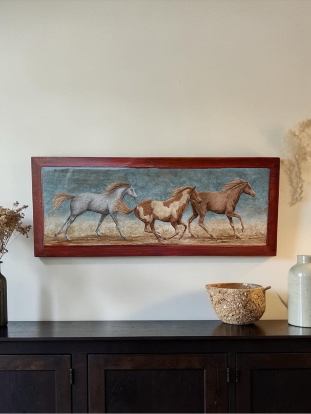Rustic Reclaimed Wood Running Horses Wall Art Western Farmhouse Decor 23x9